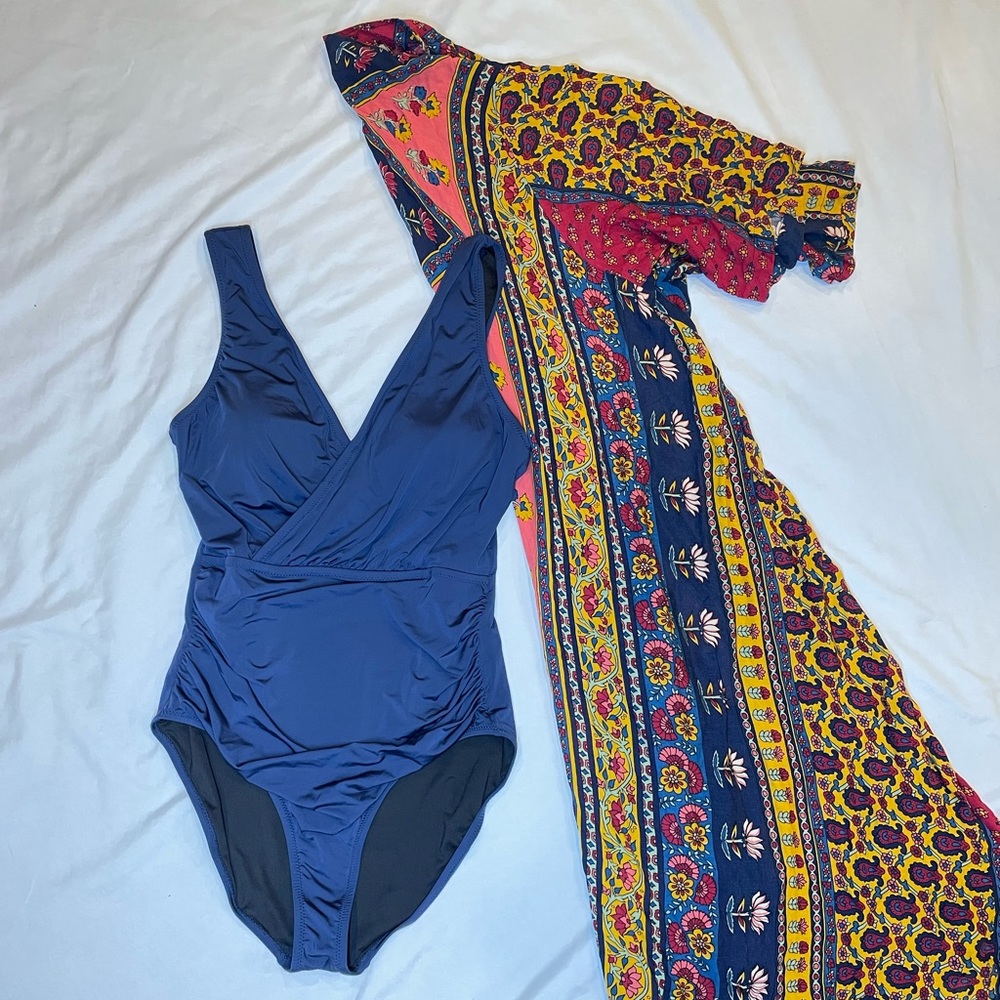 Navy Swimsuit & Kimono cover up / Garnet Hill
